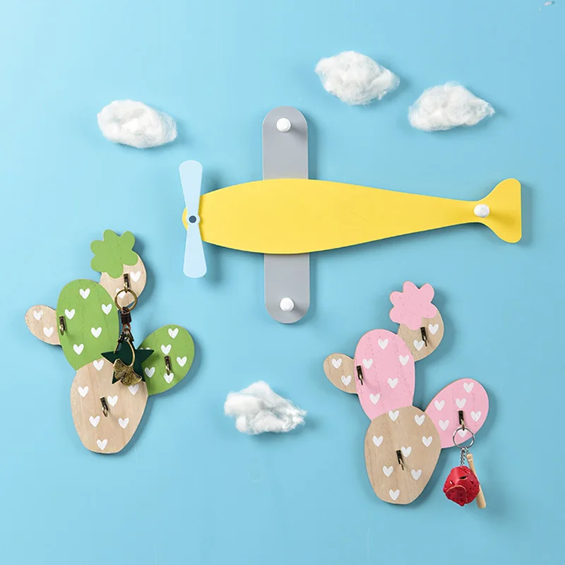 Cartoon Plant Wooden Wall Hook for Children Bedroom Baby Nursery Room Decor Creative Key Holder Shelf Cute Cactus Pineapple | Дом и сад