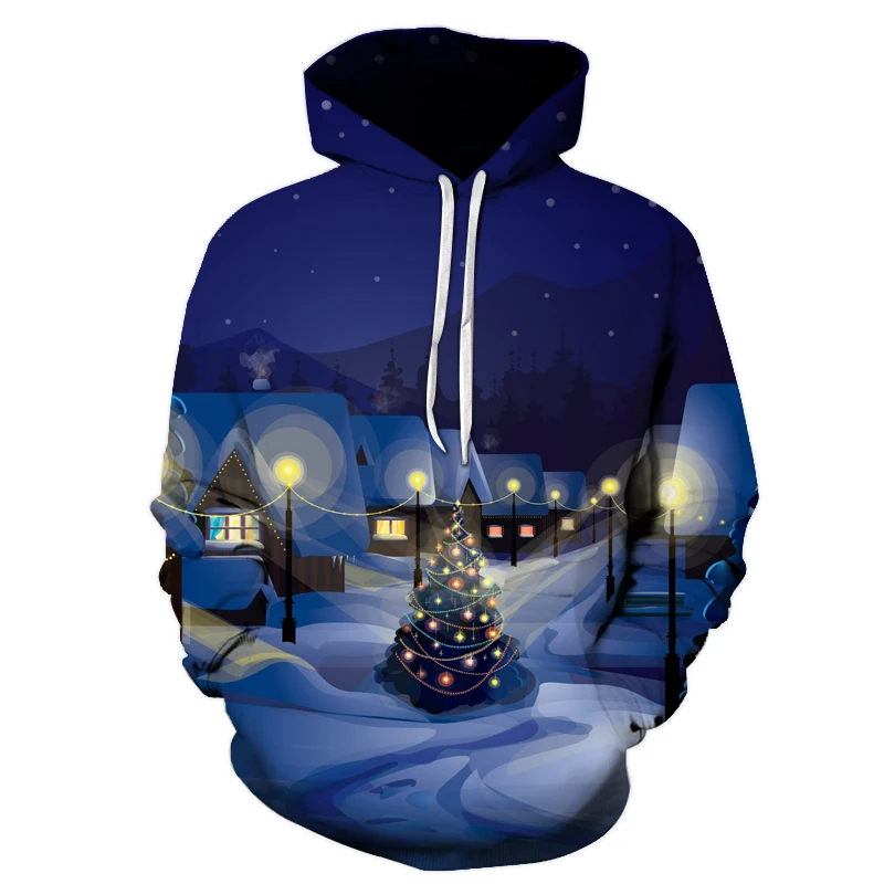 Christmas Series Small township village 3D Digital Printing Hoodies Autumn Men Casual Wear Long Sleeve Pocket Sweatshirt | Мужская