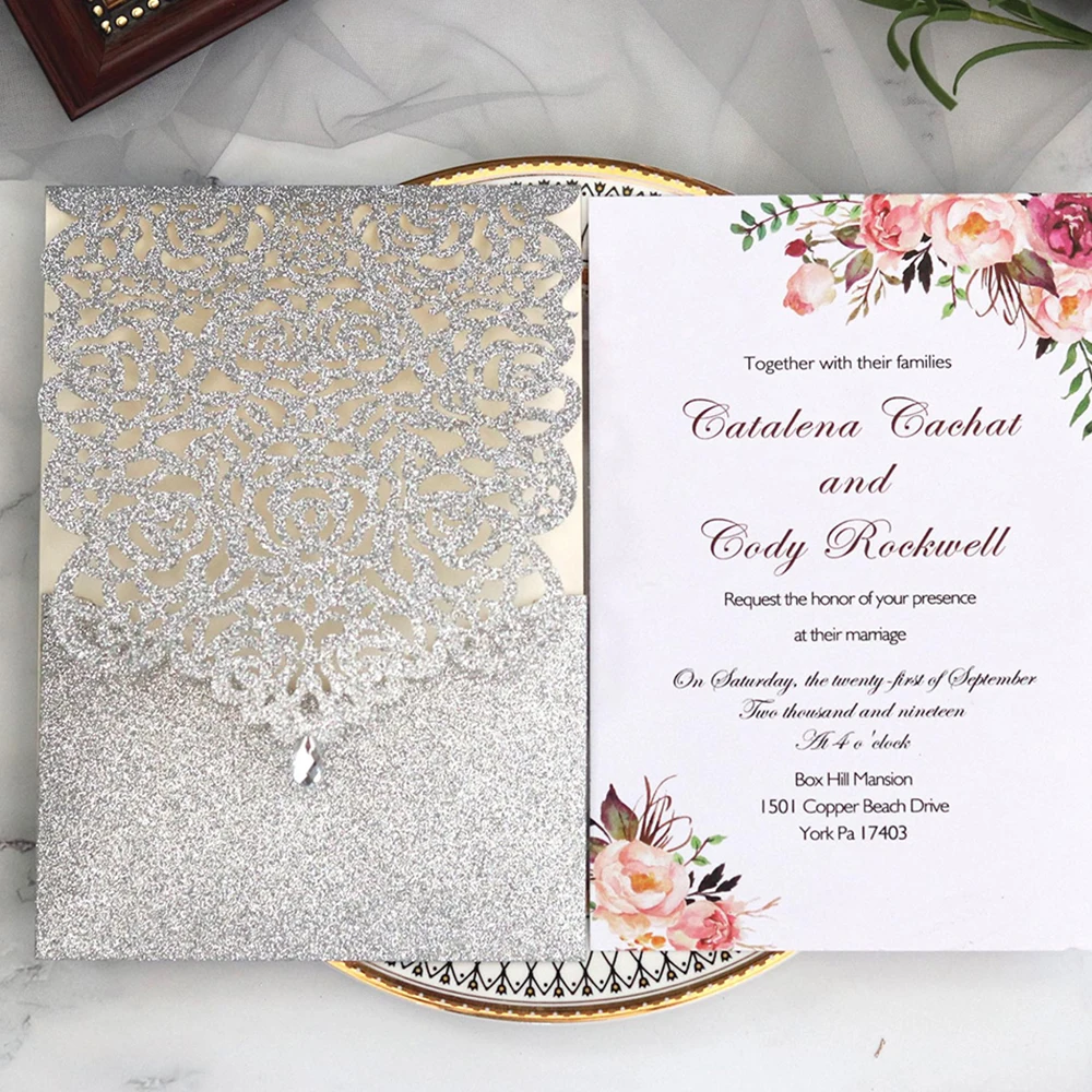  10pcs Pearl paper Business Invitation Glitter Openwork Pocket Rose Lace Invitation Card Wedding Inv - 4000595224951