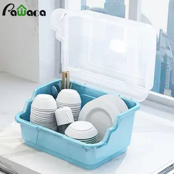 

Kitchen Dish Drainer Rack Plastic Tableware Storage Box Holder with Lid Portable Drying Rack Cutlery Storage Kitchen Organizer