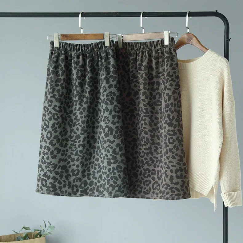 New Fashion High Waist Leopard Pattern Mid Long Back Split Wool Half-length Knitted Skirt Autumn Winter