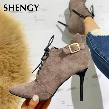

New Fur Boots Autumn Winter Women High Heel Snow Shoes Dropshipping Elegant Party Pointed Toe Lace Up Female Ankle Boots