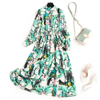 

European Style 2020 Spring New Fashion Stand Collar Bat Sleeves Elasticity Waist Printed Plus Size Chiffon Maxi Dress Women