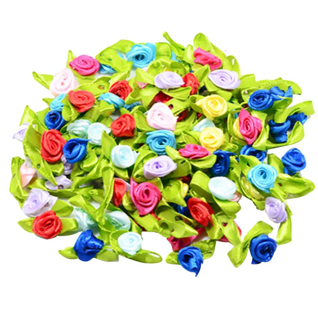 100 Pieces 15mm/0.59'' Flower Satin Ribbon Rose Buds Leaf Wedding Home Decor DIY Hairband Bow Sewing Crafts