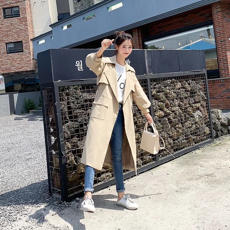 

Overcoat Women's 2019 Popular Spring And Autumn New Style Korean-style Loose-Fit Waist Hugging Lace-up Mid-length Trench Coat WO