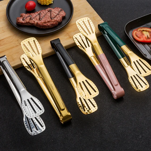 Stainless Steel Grilling Tong Green Gold Handle Non Stick Salad Beef Food BBQ Clips Kitchen Cooking Utensils Non Slip beef clamp 1