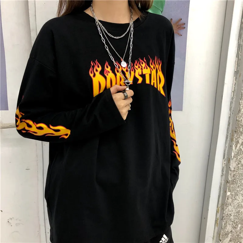 Harajuku bf Осенняя рубашка с круглым вырезом и надписью в уличном стиле, с длинным рукавом, женская Свободная рубашка ins, женская одежда, футболки, модные женские топы