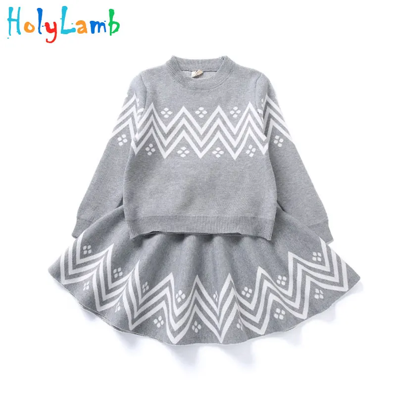 

Cute Baby Girl Dress Princess Girls Winter Dress Geometric Pattern Dress Long Sleeve Girls Clothes 2pcs Top Coat+ Dress Sweater