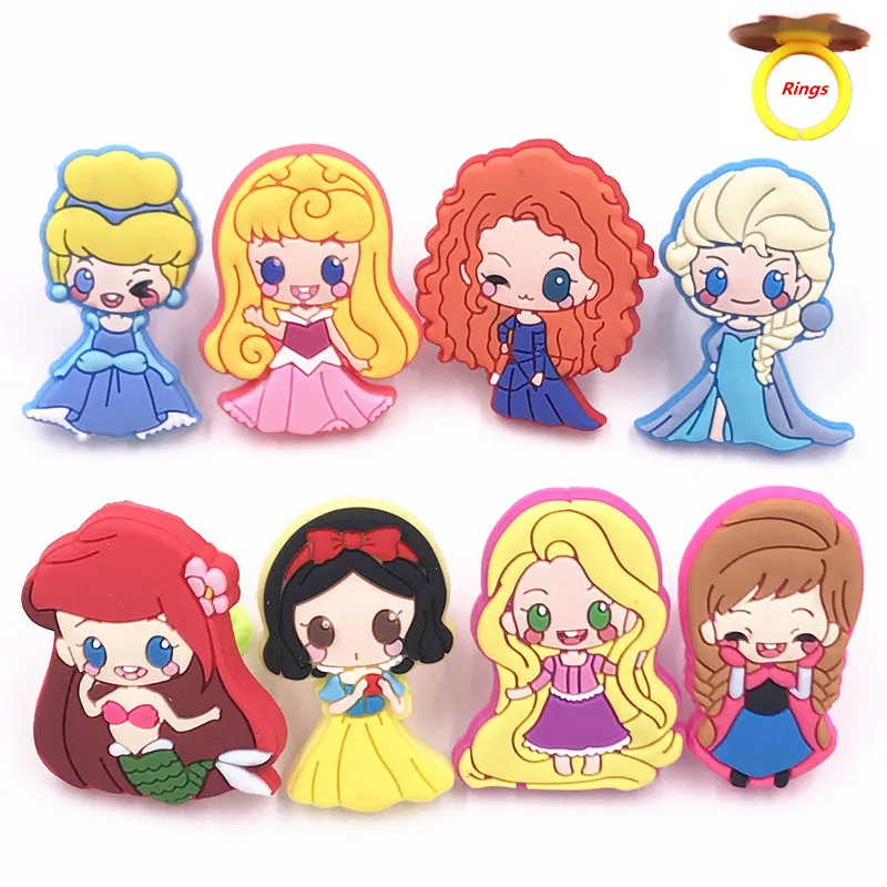 

8Pcs/lot Princess Elsa Snow White Ariel PVC Finger Rings Fashion Jewelry Cosplay Decoration Cartoon Icons Girl Little Kid Gifts