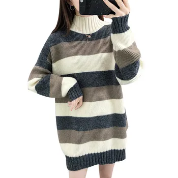 

2019 Pullover knit sweater women autumn winter large size stripe bottoming turtleneck sweater loose female long sweaters A2953