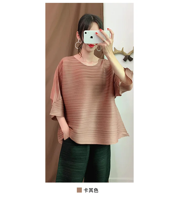 Новая плиссированная футболка Miyake с круглым вырезом, однотонный Повседневный стиль, расклешенный рукав, женские рубашки в японском стиле, элегантные тонкие Топы больших размеров, осень