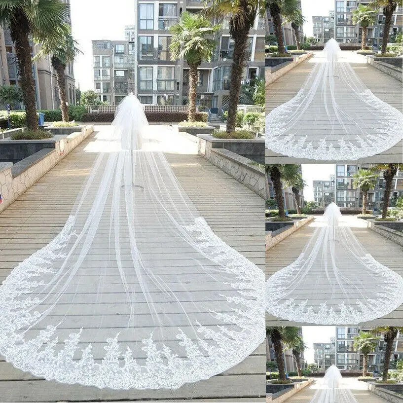 New 3M One Layer Wedding Veils White Ivory With Comb Long Cathedral Length Lace Appliqued Bridal Accessories Custom Made Veil real photo 3m 4m 5m one layer wedding veil with comb white lace edge bridal veils ivory appliqued cathedral wedding veil