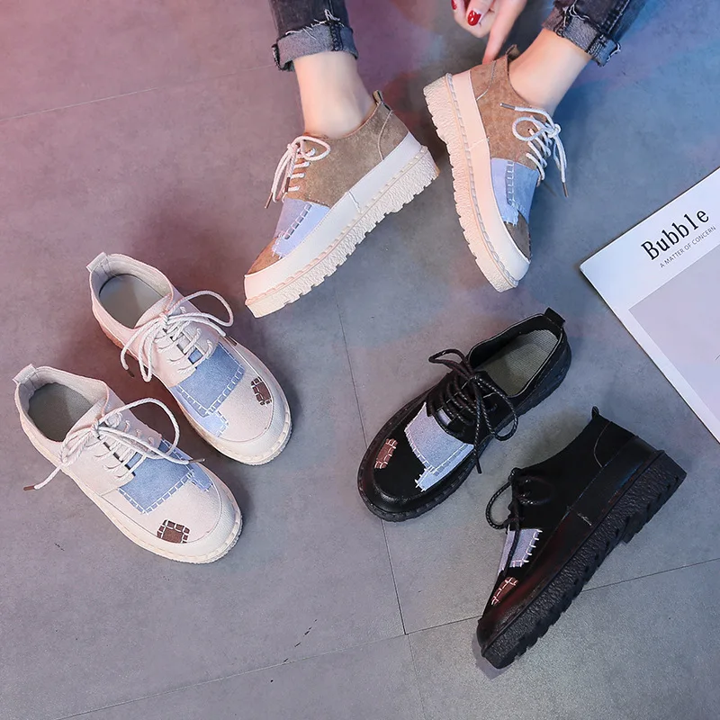 

2019 Spring And Autumn Shoes Women's New Style Lace up Front round-Toe Waterproof Platform Semi-high Heeled Flat Heel Mixed Colo