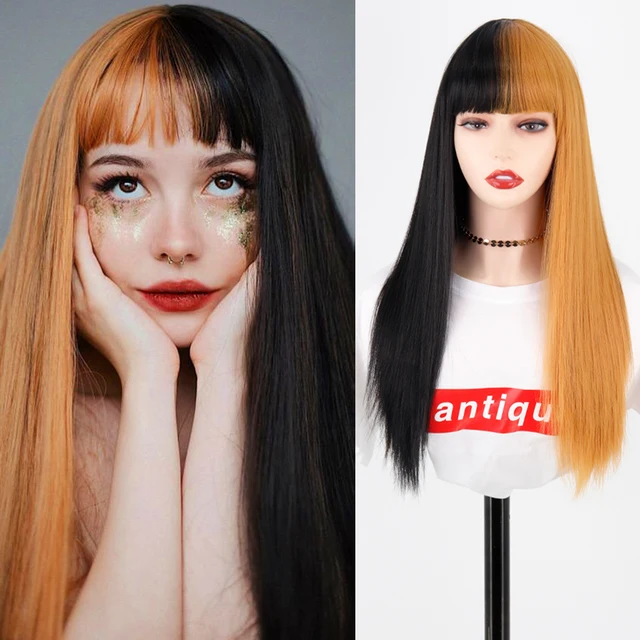 Synthetic Hair Pink and Black Wig Long Straight hair Cosplay Wig Two Tone Ombre Color Women Wigs 1B-144B