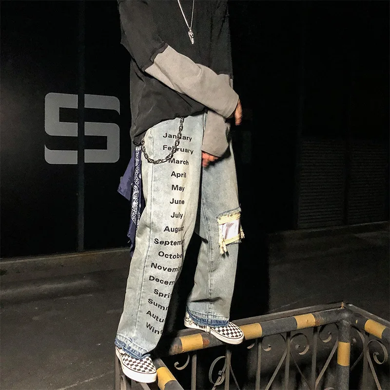 Men's Jeans Ripped Loose Streetwear Reflective Patch Letter Print Hip Hop Straight Pants Denim Wide-Leg Trousers Korean Clothing 2
