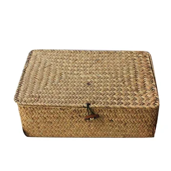 

Pure Handmade Straw Storage Basket, Black Buckle Cover Finishing Box Straw Storage Baskets