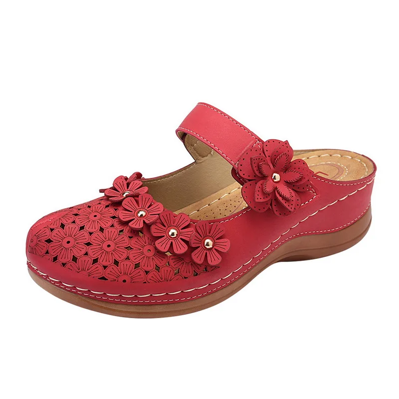 $13.03 Women Sandals Summer Handmade Retro Ladies Shoes Leather Floral Sandals Women
