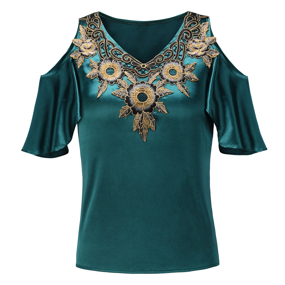 Elegant Blusa Mujer Women Summer T-Shirts Flower Embroidery Off Shoulder V-neck Tees Party T-Shirt Ladies Sexy Satin TShirt Tops | Женская