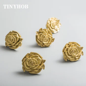 

European Rose Shape /Solid brass Door knob Furniture Handles Drawer Pulls Kitchen Cabinet gold Knobs and Handles