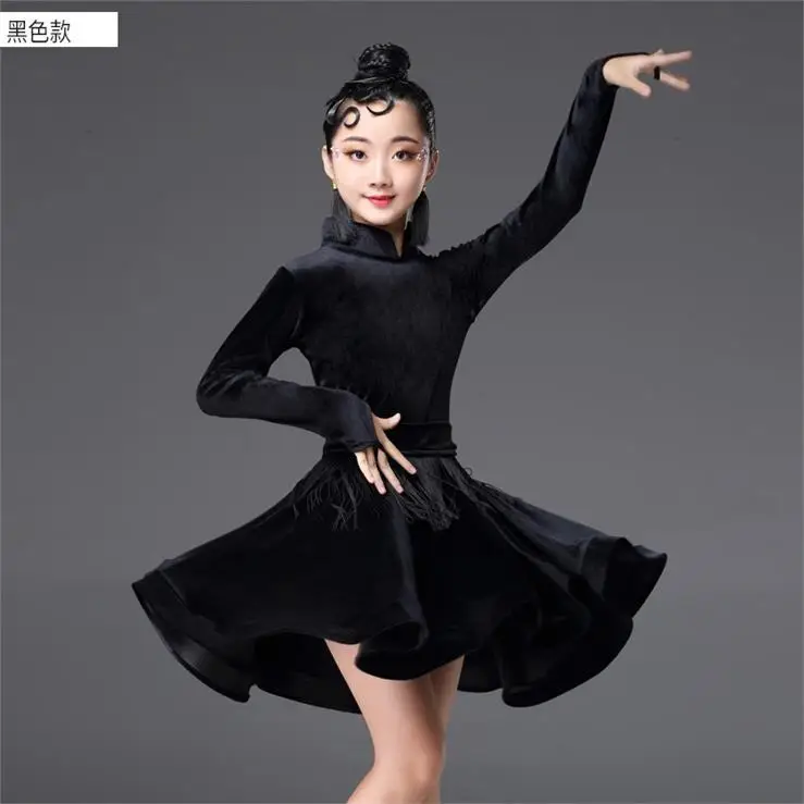 Black cheongsam neck Детский костюм для латинских танцев; весенне-осеннее платье с кисточками и длинными рукавами для латинских танцев; Одежда для танцев для девочек-подростков; GDR742 - Цвет: Black cheongsam neck