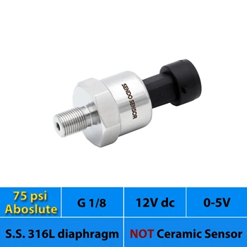

0 5V signal, 75 psi aboslute pressure sensor, 9V to 30V, 12 V, 24 Vdc power, thread G 1 8 inch, stainless steel 316L diaphragm