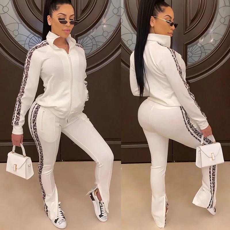 

Newly Women Leopard Splice Mock Neck Long Sleeves Zipper Casual Sport Clothes Set Sportswear BFE88