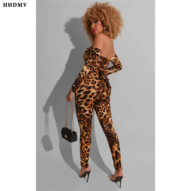 HHDMV, модные, сексуальные комбинезоны в этническом стиле с длинным рукавом, с открытыми плечами, леопардовые, с поясом, Обтягивающие Комбинезоны, длинные штаны