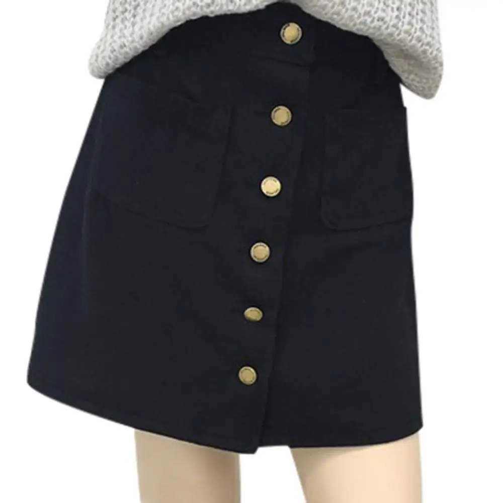 Мини юбка женская джинсовая трапециевидная с высокой талией на одной пуговице и