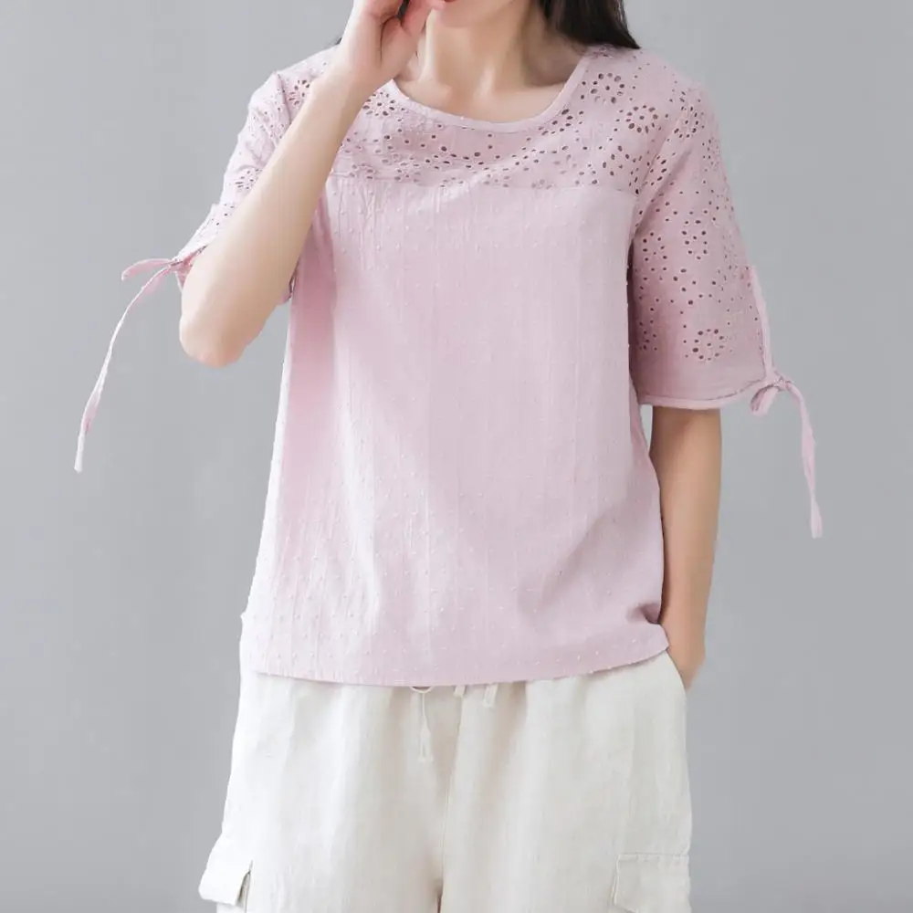 

Spring Summer Light Pink White Blue Blouses Women Crochet Lace Up Short Sleeve Round Collar Top Female Plus Size Patchwork shirt