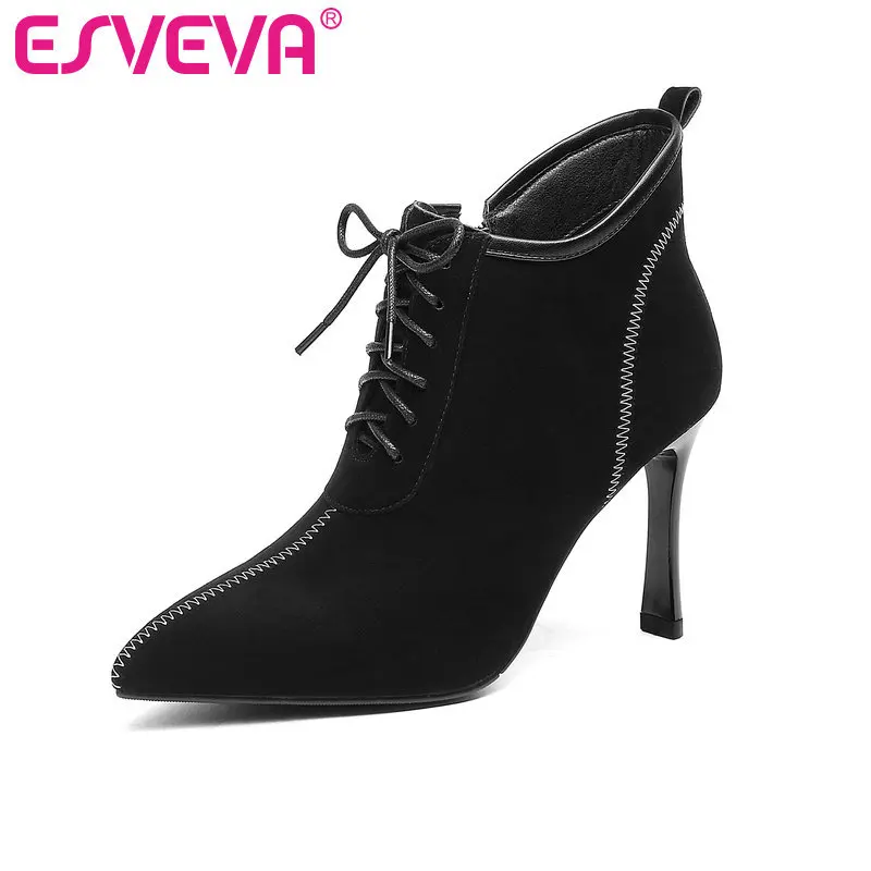 

ESVEVA 2020 Fashion Women Shoes Ankle Boots Lace Up Thin High Heel Zipper Pointed Toe Motorcycle Platform Boots Size 34-39