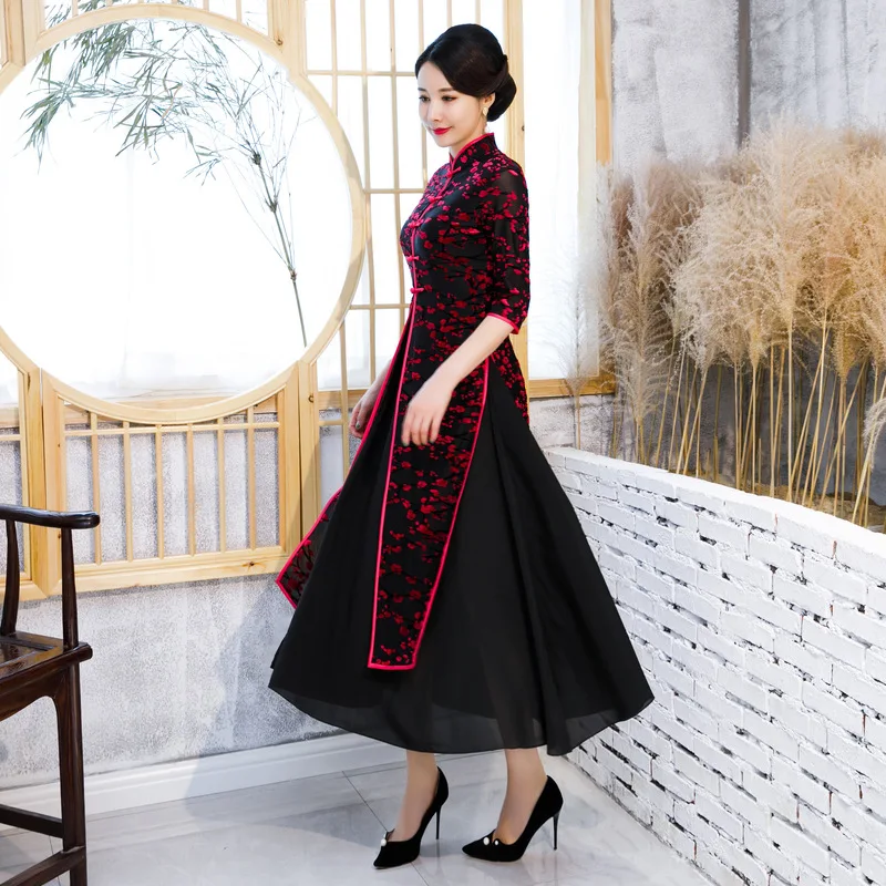 Высокое качество Национальный Стиль Twinset дамское вьетнамское платье Ao Dai велюровое длинное Чонсам Повседневное платье вечерние платья размера плюс M-4XL