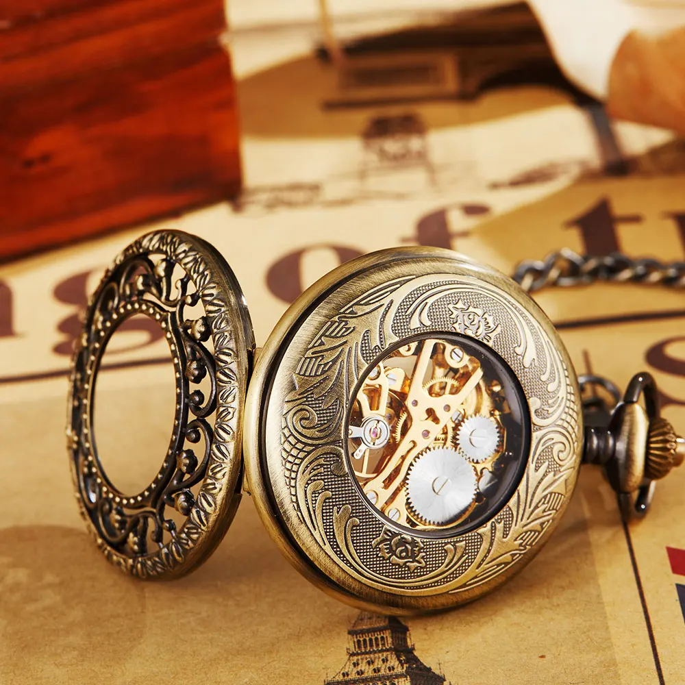 Bronze Necklace Watch Vintage Steampunk Mechanical Pocket Watch With Chain Hollow Hand-winding Pendant Clock Men Women Gold Gift