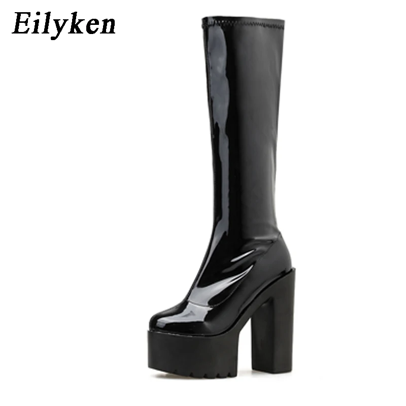 EilyKen/новые женские сапоги до колена модные сапоги из лакированной кожи с круглым носком на толстом каблуке для ночного клуба зимние сапоги на платформе с боковой молнией - Цвет: Black