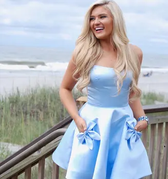 

Blue Spaghetti Straps Prom Dress with Pretty Pockets A Line Short Cocktail Dresses for Homecoming Party