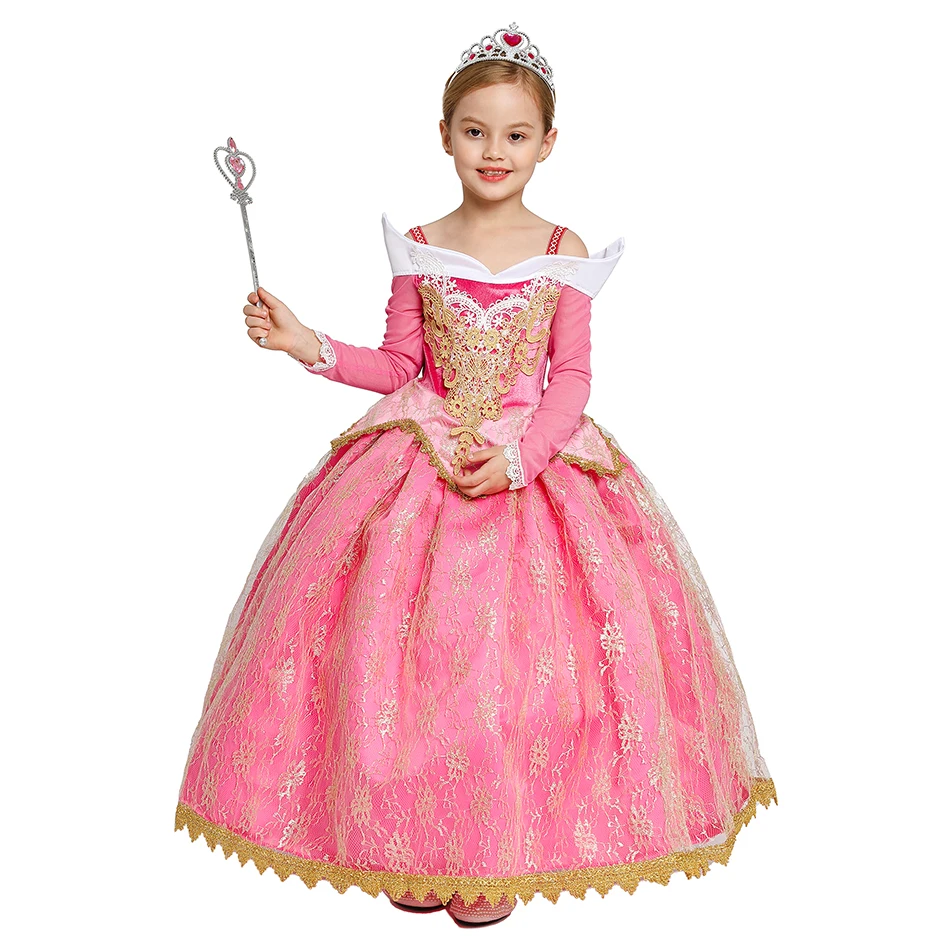 Doornroosje Prinses Jurk Meisjes Deluxe Aurora Lange Mouw Prinses Kostuum Kerst Baljurk Wedding Party Vestidos 4-11Y