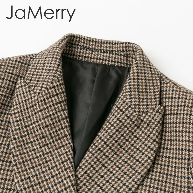 JaMerry, винтажный клетчатый женский Блейзер, пальто, длинный рукав, пуговицы, карманы, уличная одежда, женские блейзеры, Осень-зима, офисные женские куртки