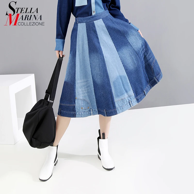 

New 2019 Korean Style Women Autumn Vintage Blue Denim Skirt Washed Mid Calf Length Elastic Waist Ladies Stylish Party Skirt 5436
