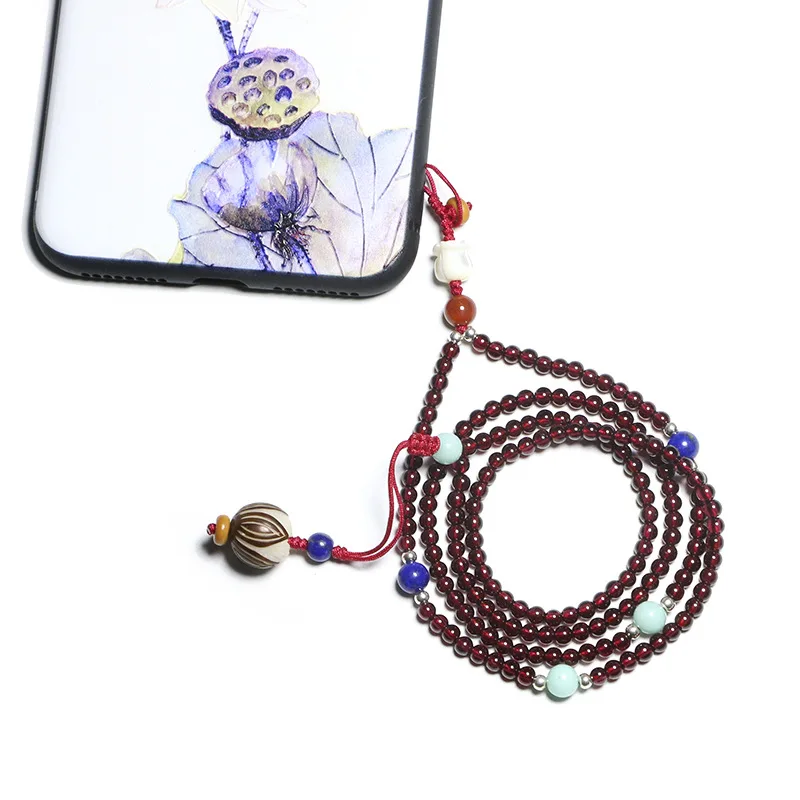 

Garnet long mobile phone lanyard phone chain wine red necklace multi-circle crystal phone case ornaments can be customized