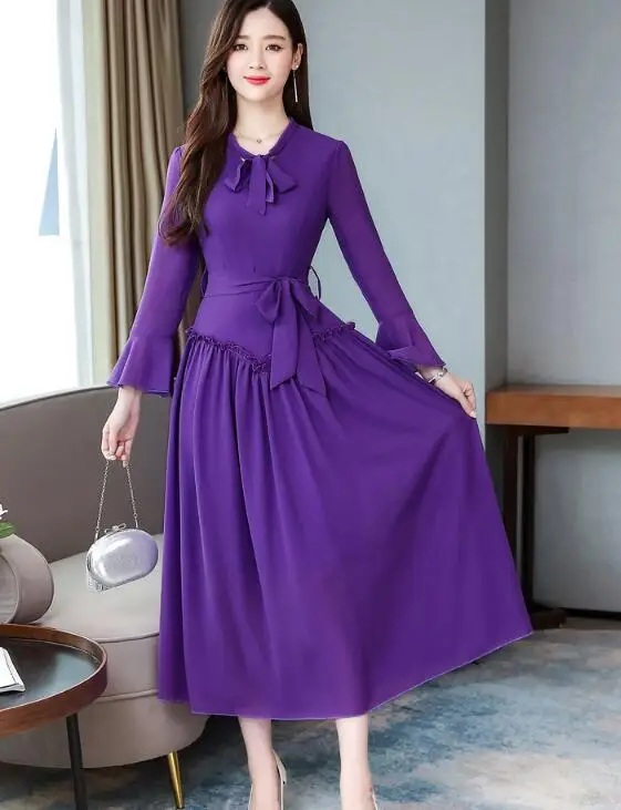 

2019 Autumn New Arrival Plus Size M-3XL High Quality Elegant Bow Collar Solid Color Woman Chiffon Long Dress