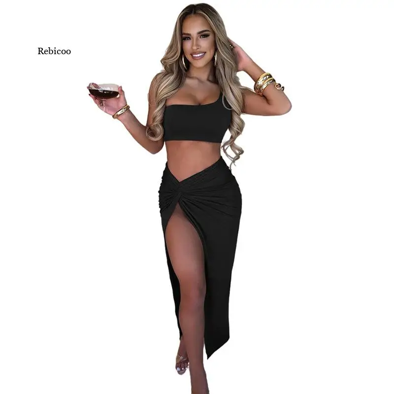 

Solid One Shoulder Midi Dress Summer Two Pieces Dresses Sexy Party Bodycon Women Club Dress Side Split Vestidos New