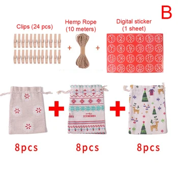

Christmas Decor Sets Hanging Small Gift Bags Holders Calendar Tag Xmas Cotton Linen Candy Bag Set