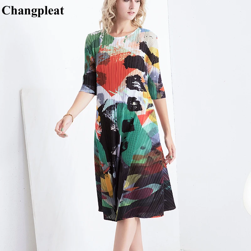 Changpleat Новое Женское Платье с принтом Miyak Плиссированное модное с круглым вырезом 1/2 рукав эластичная талия Большие размеры женские платья Tide D89