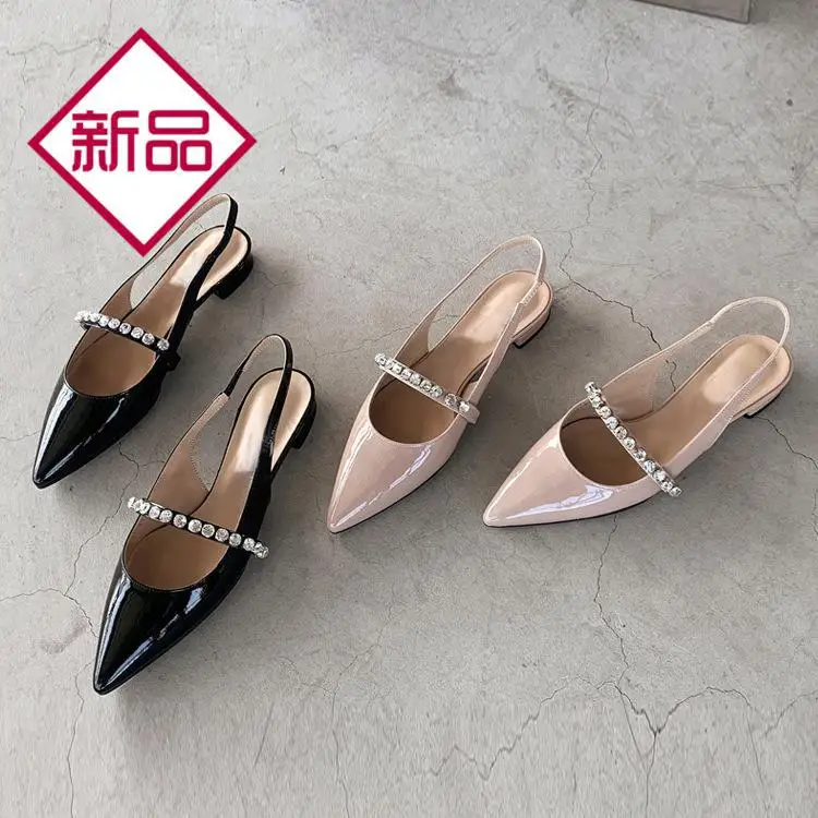 

19 Years Early Spring New Style Western Style Sexy Man-made Diamond Pointed-Toe Flat Heel Slingback Sandals with Versatile Shall