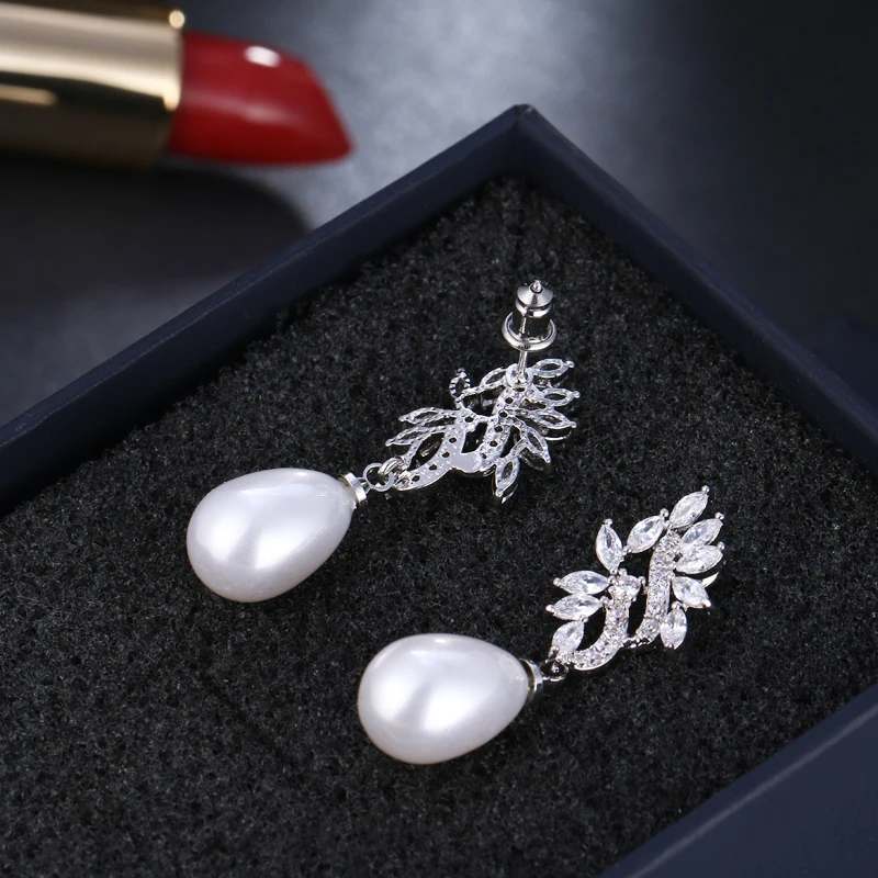 Women's Oval Simulated Pearl CZ Stone Drop Earrings with Leaf Design - Fashion Jewelry for Brides image 5