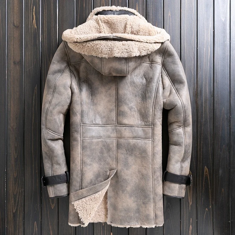 

Thick Winter Hooded Sheepskin Shearling Coat Men Warm Lambswool Real Fur Long Jacket High Street Casual Genuine Leather Overcoat