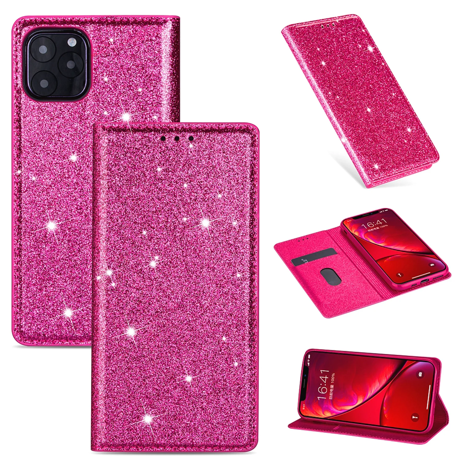 Pink Кошелек для Iphone 6, 6 S, 7, 8 Plus, 5 из искусственной кожи, силиконовый чехол-подставка для 11 Pro Max X, XR, XS, блестящий чехол с отделением для карт, откидная крышка - Цвет: Pink