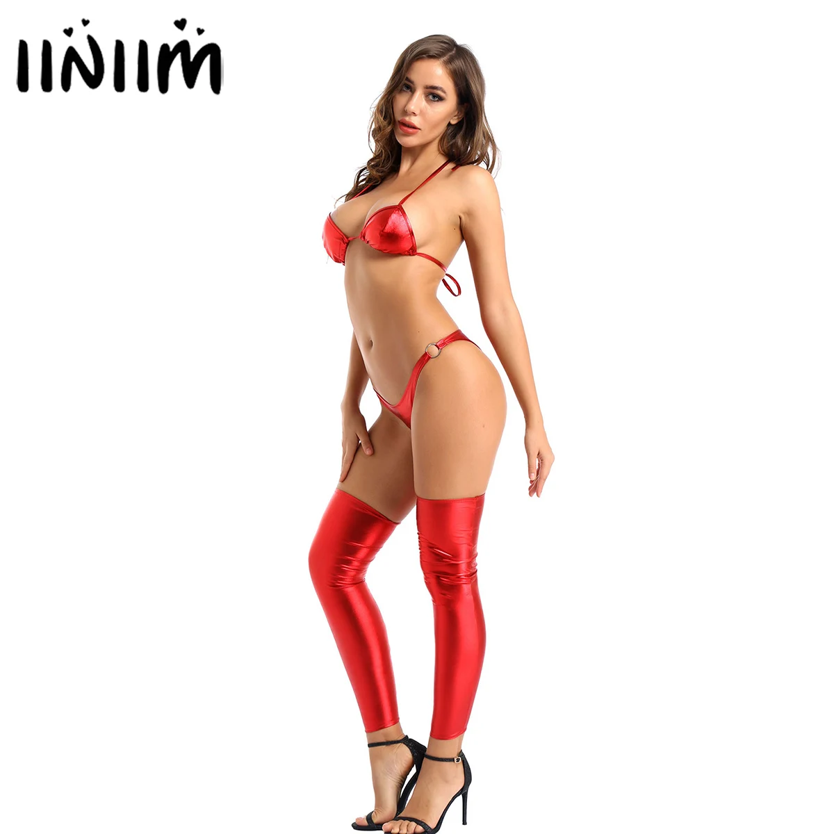 Bayan moda bayan sıcak partiler iç çamaşırı seti kutup Clubwear kostüm parlak metalik deri Bikini sütyen külot bacak kol