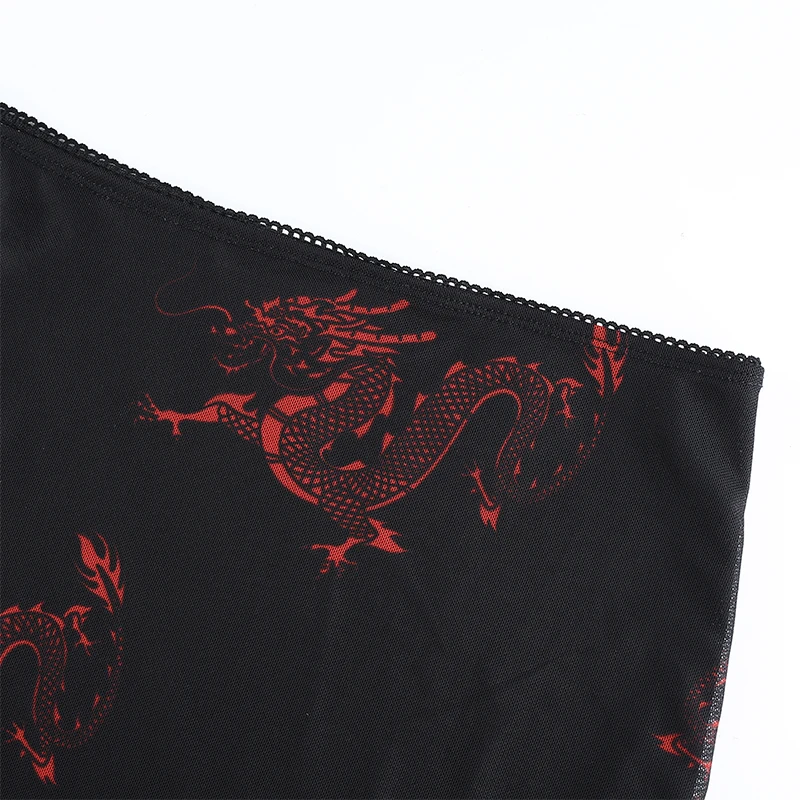 Darlingaga Chinese Style Dragon Print Summer Two Piece Set Women Mesh Sexy Matching Sets Strap Crop Top and Mini Skirt Suit 2020