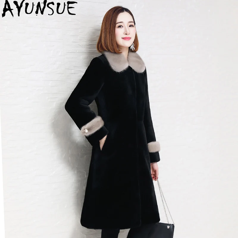 

AYUNSUE Double Faced Real Fur Coat Female Sheep Shearling Fur Winter Jacket Women Mink Fur Collar Real Wool Coats Korean Outwear