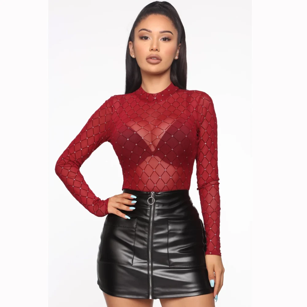 Hot Women Bodysuit Sexy Long Sleeve See Through PlaidOne Piece Rompers Club Top